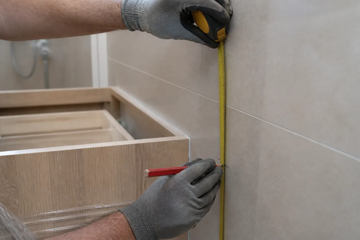 Meuble vasque suspendu mesuré au mètre ruban le long du mur carrelé avant fixation
