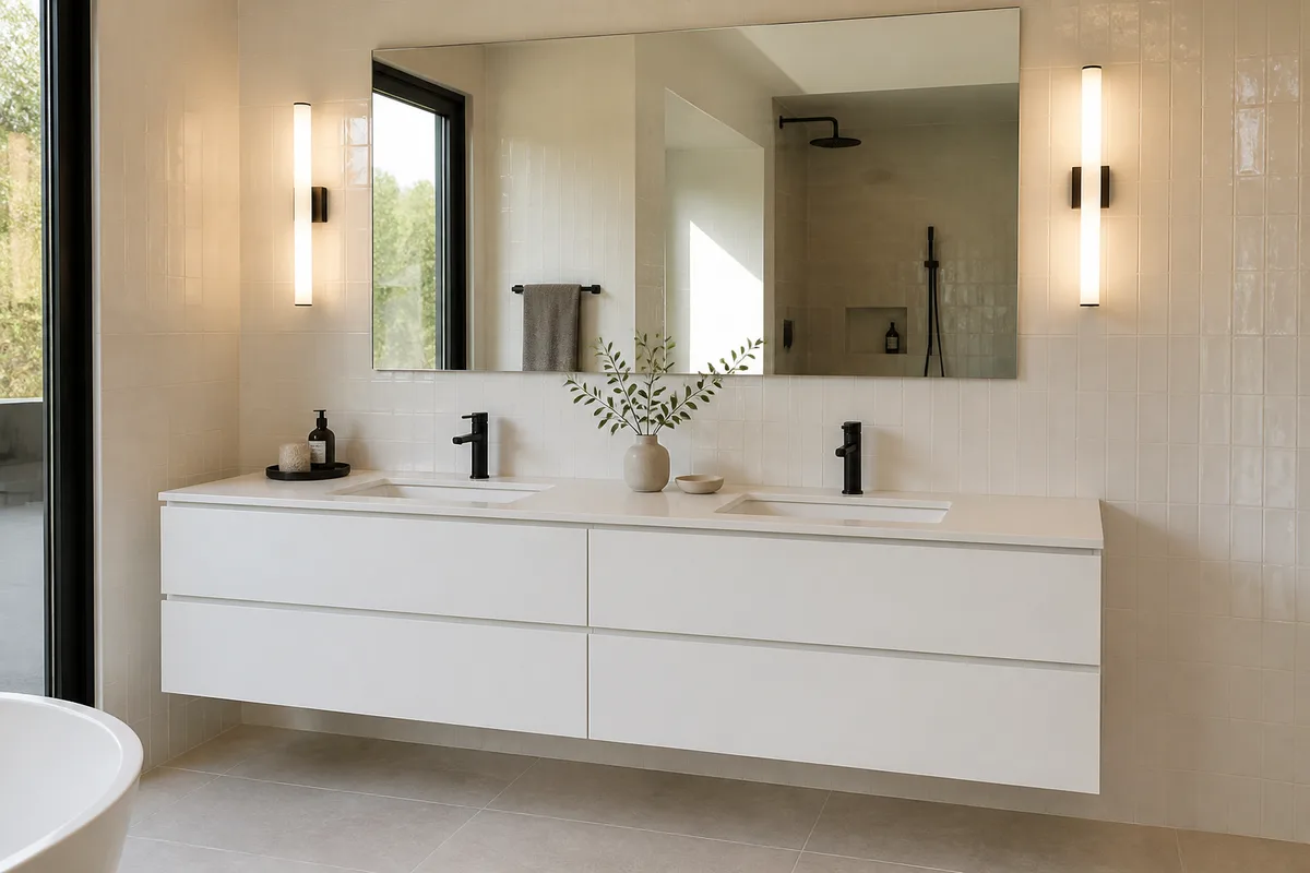 Salle de bains claire avec double vasque suspendue et grand miroir au-dessus du plan