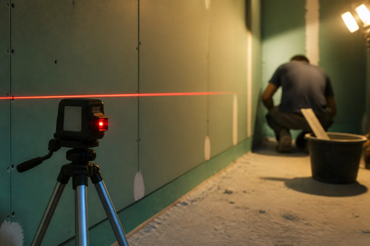 Carreleur traçant un trait de niveau au laser sur un mur de salle de bains en préparation