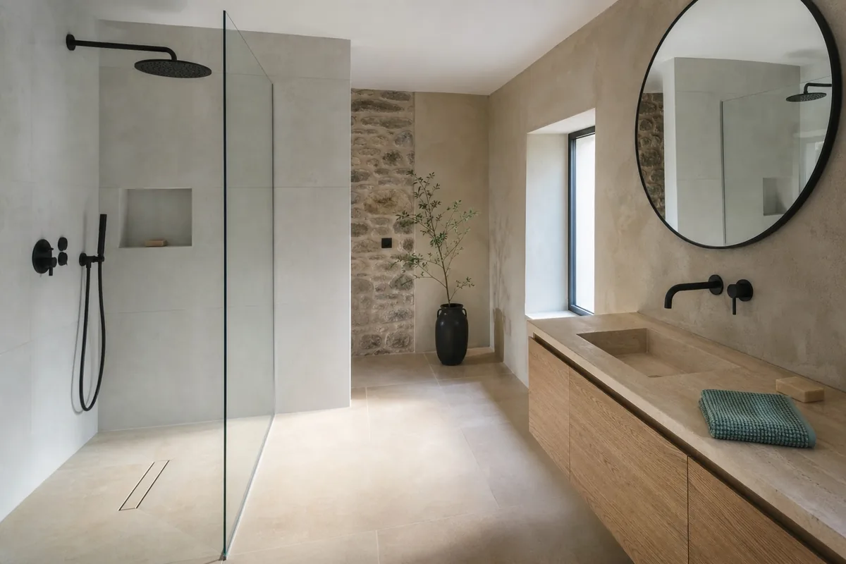 Salle de bains rénovée en carrelage grand format sable, paroi de verre et plan en chêne clair