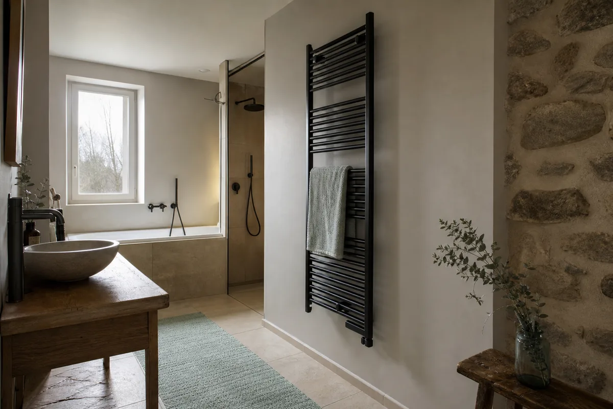 Salle d&rsquo;eau claire et tiède dans une maison du pays d&rsquo;Auray, lumière d&rsquo;hiver voilée