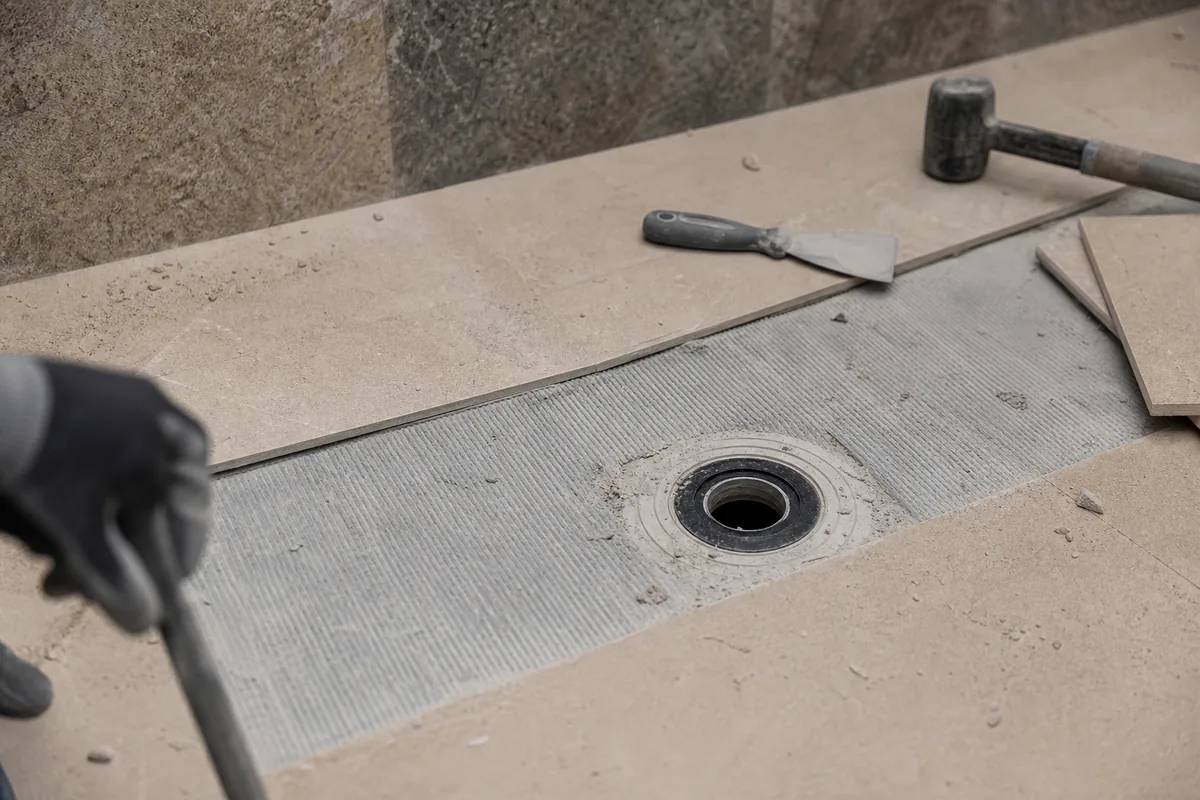 Sol de douche déposé laissant voir la natte d&rsquo;étanchéité sous le carrelage d&rsquo;une salle de bains claire