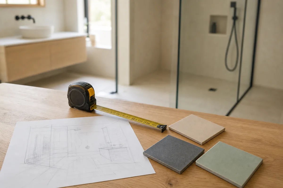 Relevé de mesures et échantillons de carrelage posés sur un plan en chêne clair d&rsquo;une salle de bains en travaux
