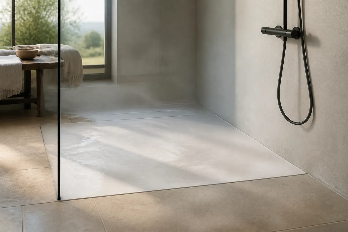 Douche de plain-pied à receveur extra-plat dans une salle d’eau claire au carrelage grand format sable