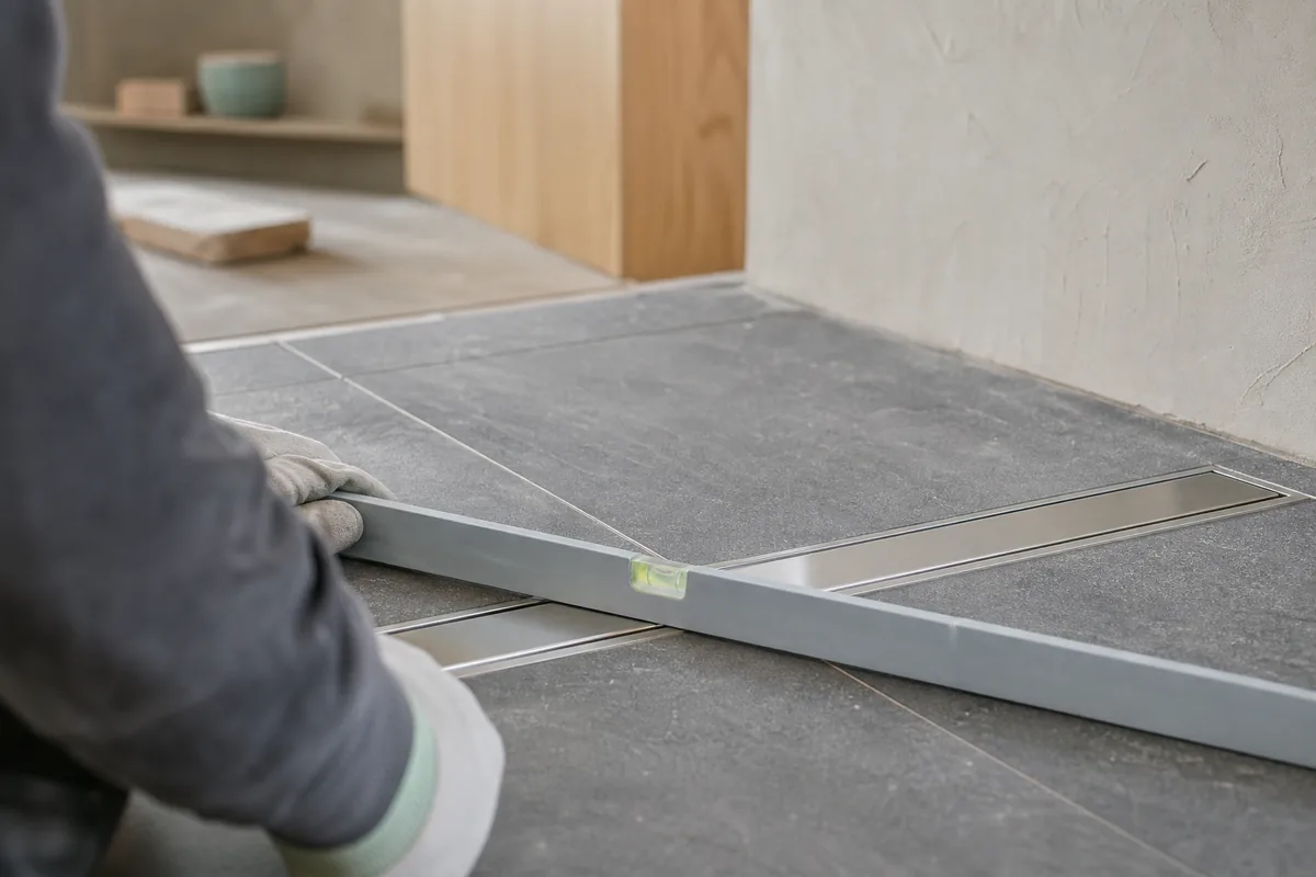 Détail d’un caniveau linéaire en inox posé au ras d’un carrelage gris ardoise avant la pose de la paroi de verre