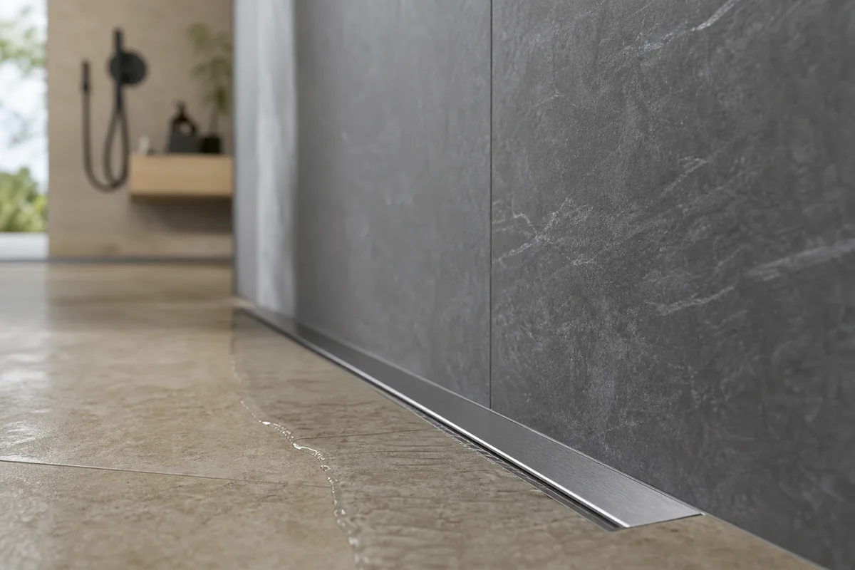 Caniveau linéaire en inox encastré au pied d&rsquo;un mur en carrelage grand format