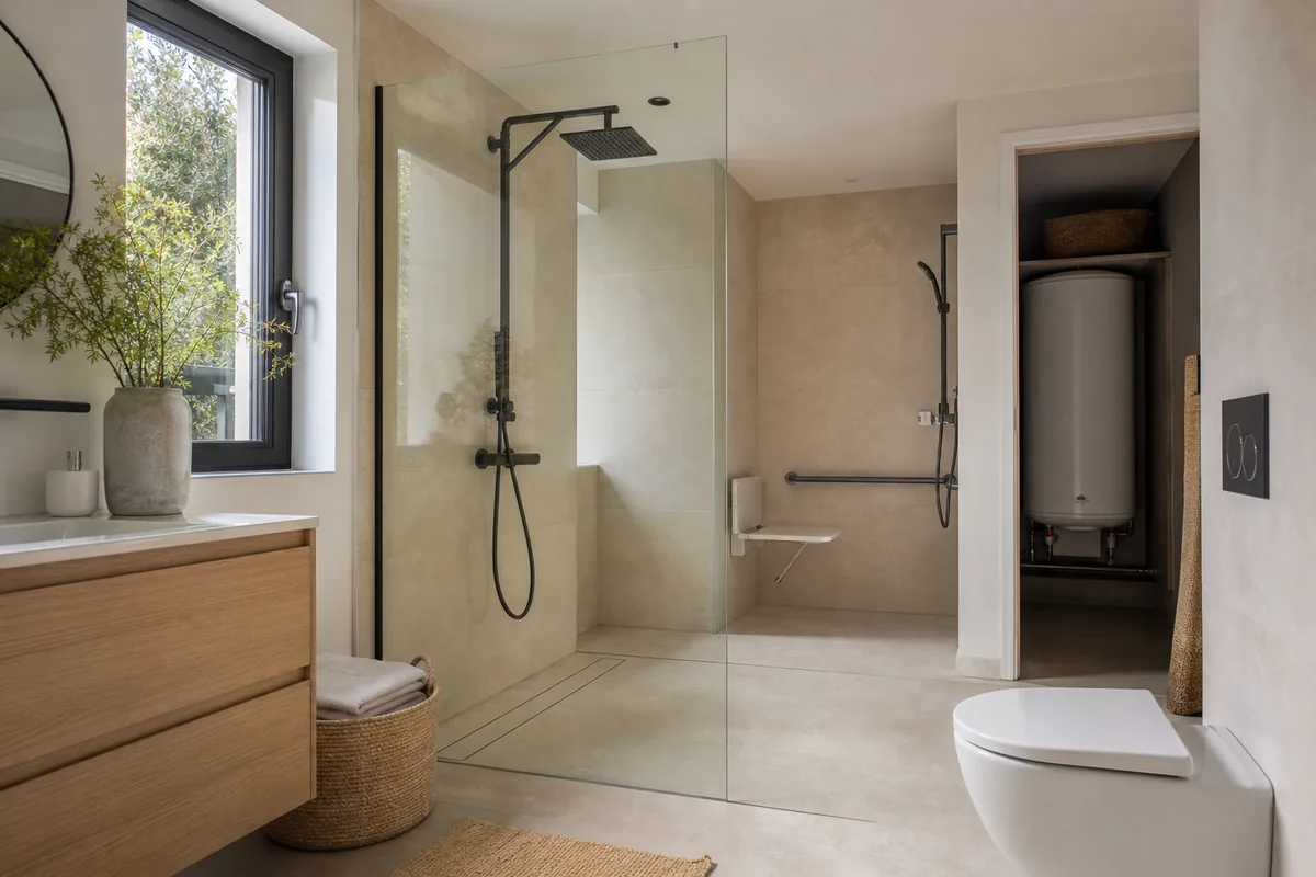 Salle de bains rénovée avec douche à l'italienne dans une maison du golfe du Morbihan