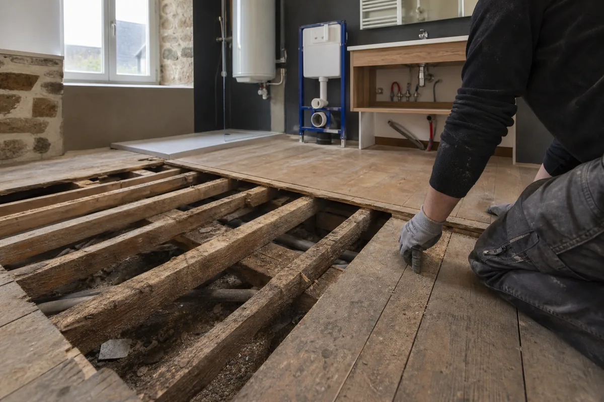 Plancher bois sur solives mis à nu pendant la rénovation d'une salle de bains ancienne
