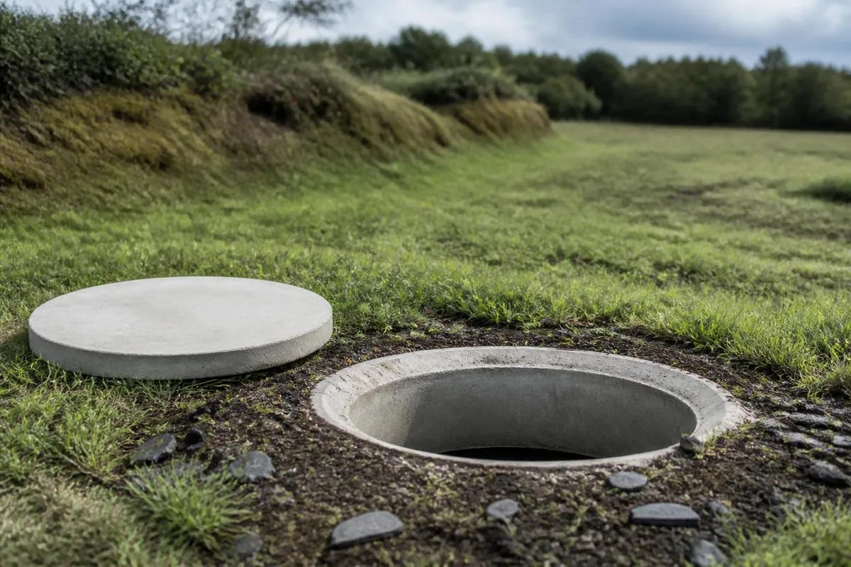 Regard d&rsquo;assainissement individuel ouvert dans une pelouse de campagne morbihannaise, terre de schiste et lande basse en arrière-plan