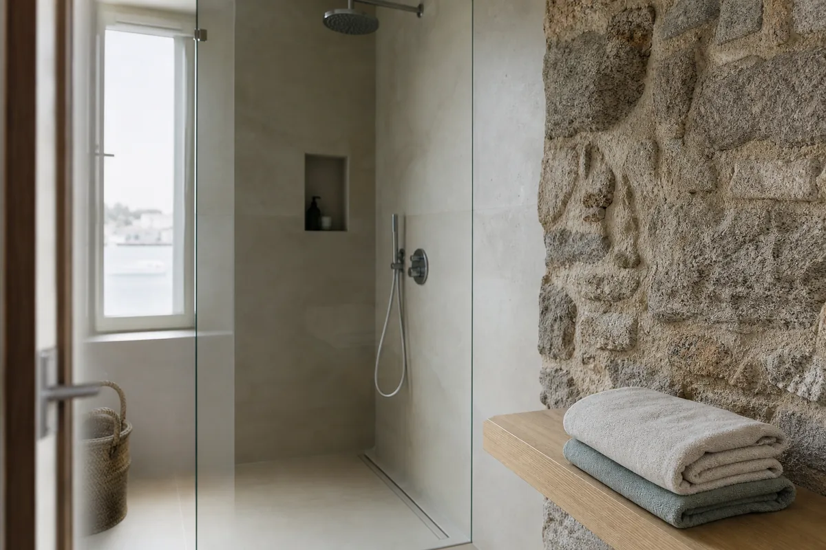 Salle d’eau claire en carrelage grand format sable avec paroi de verre et plan en chêne, mur de granite apparent en arrière-plan