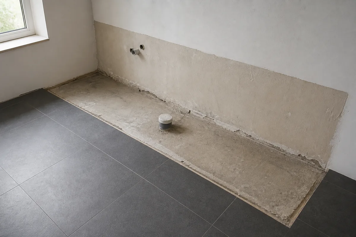 Emprise rectangulaire laissée au sol par une baignoire déposée dans une salle d&rsquo;eau en rénovation