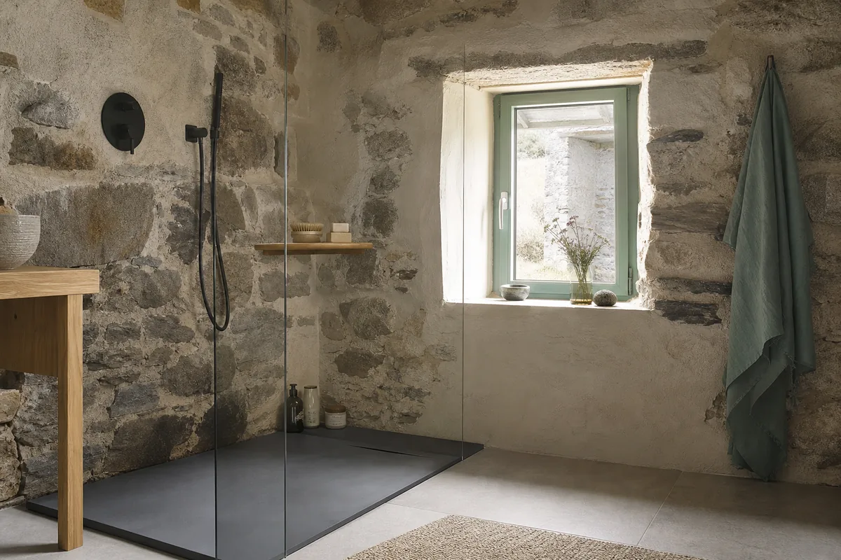 Longère de granite du Morbihan avec pièce d’eau claire, plan en chêne et paroi de verre