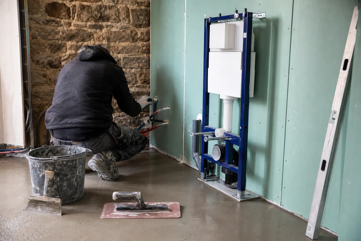 Salle de bains vannetaise en cours de rénovation, cloison doublée et attentes de plomberie en place