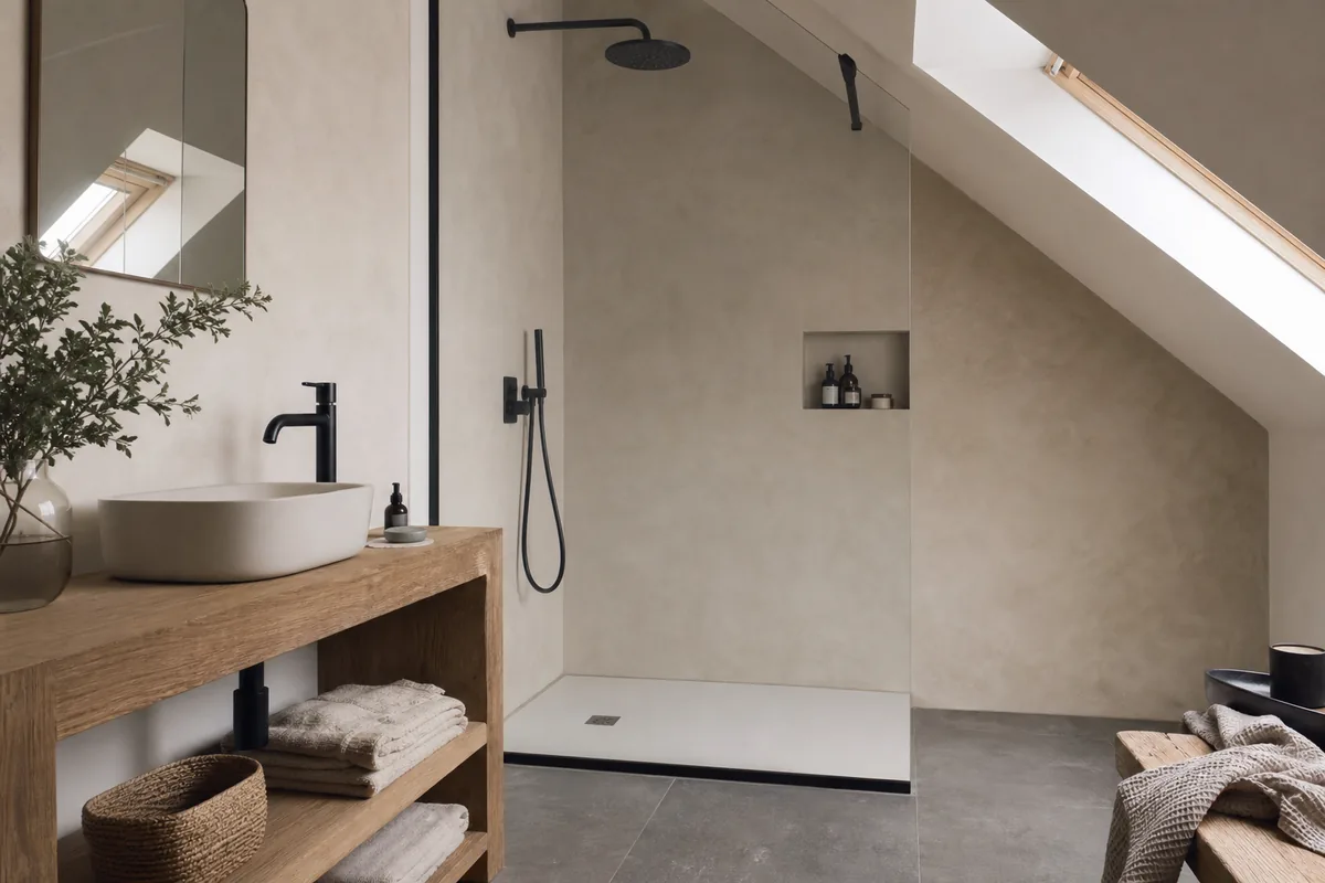 Salle d&rsquo;eau créée sous rampant, douche vitrée et plan en chêne clair sous une fenêtre de toit