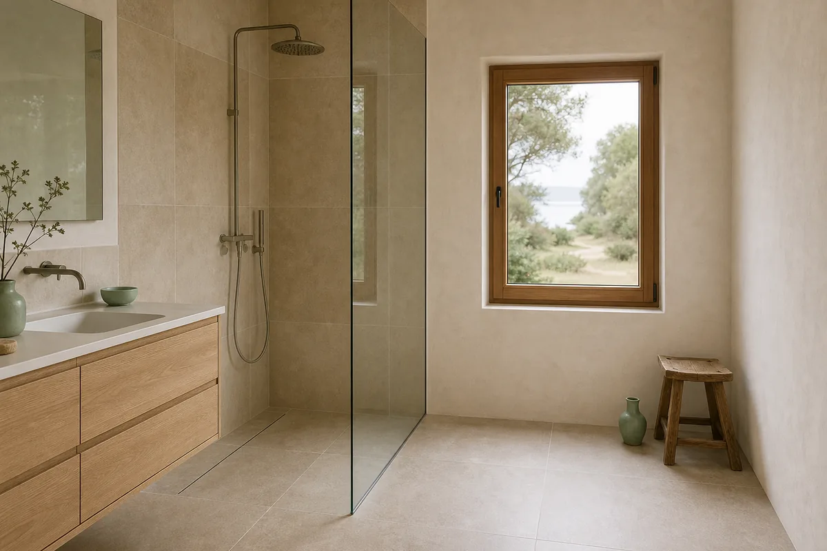 Salle de bain claire d&rsquo;une maison de Baden, carrelage grand format sable et paroi de douche en verre