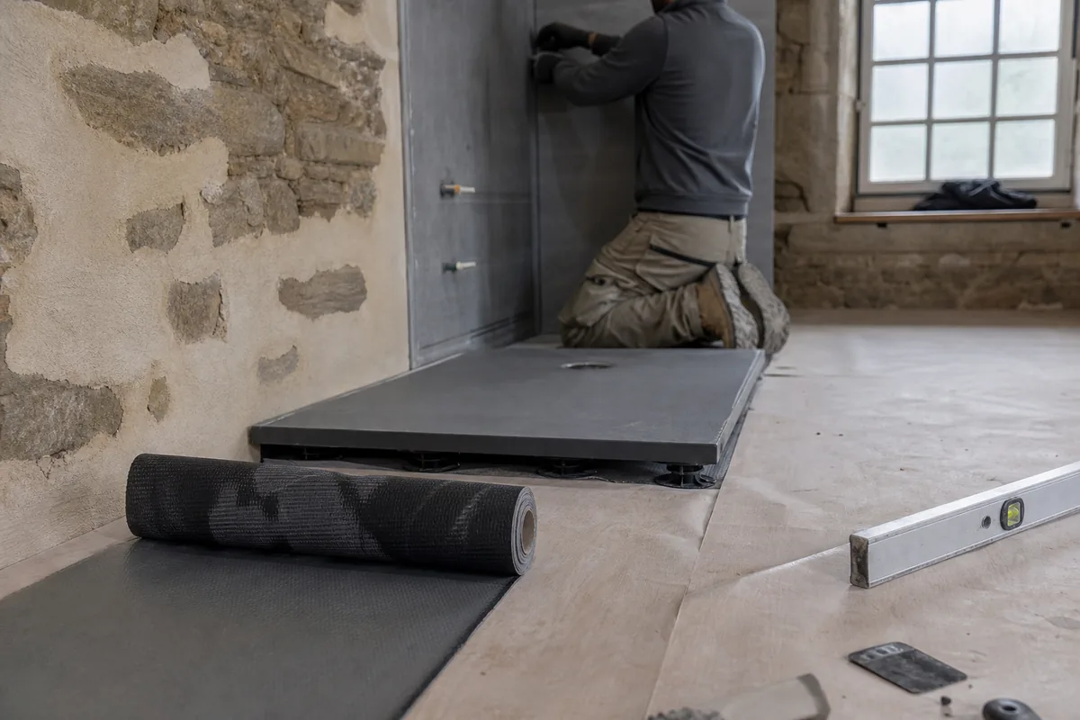 Chantier de salle d&rsquo;eau dans une longère, mur de granite apparent et receveur extra-plat posé sur plots