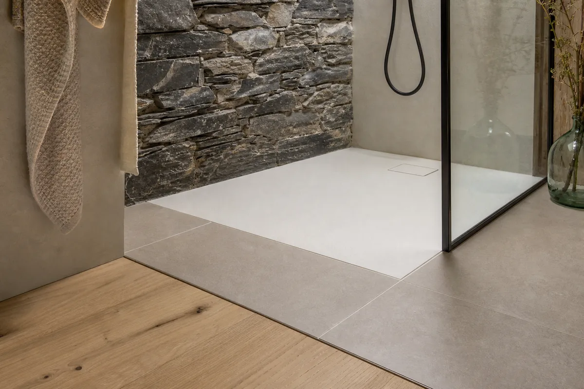 Salle d’eau à l’étage d’une longère de granite, receveur extra-plat posé sur plancher bois et paroi de verre