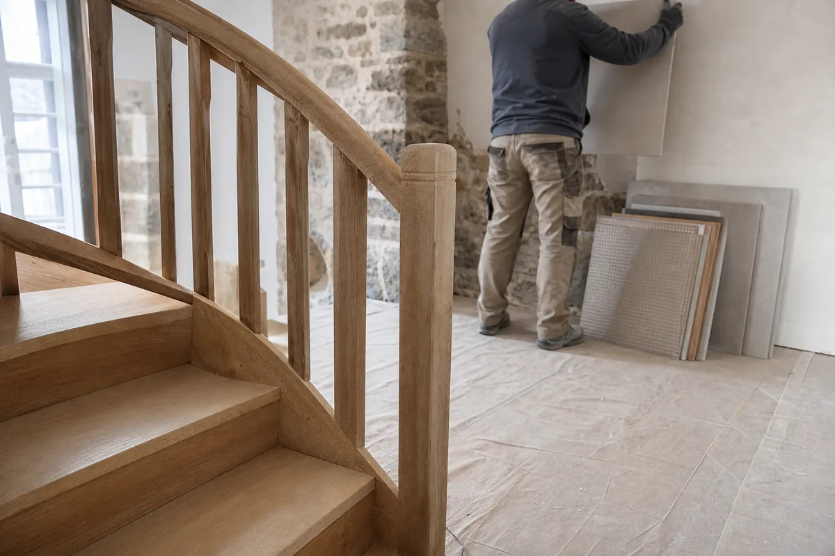 Palier d’une maison de bourg en granite, cartons de carrelage grand format posés au pied d’un escalier tournant