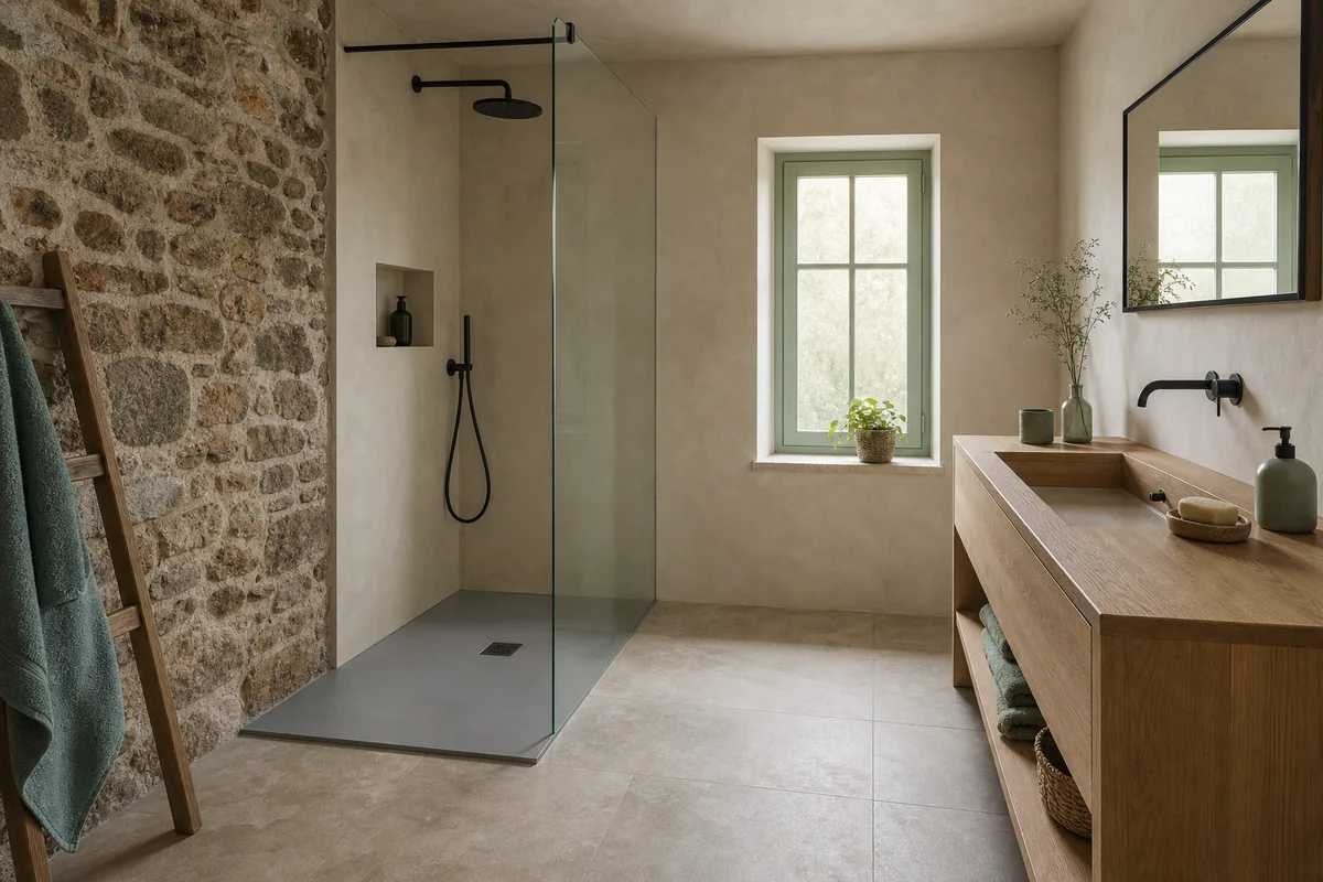 Plombier à Grand-Champ : salle de bains sur plancher bois