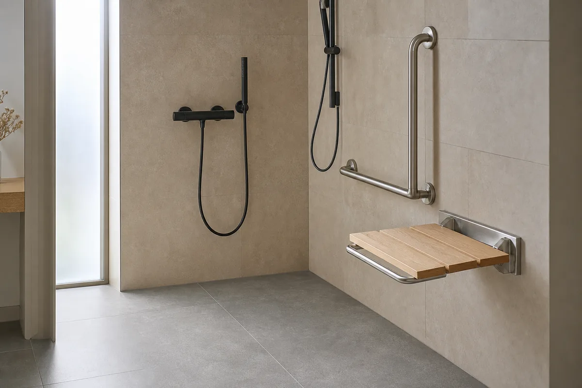 Salle d&rsquo;eau accessible avec douche de plain-pied, barre d&rsquo;appui murale et siège relevable