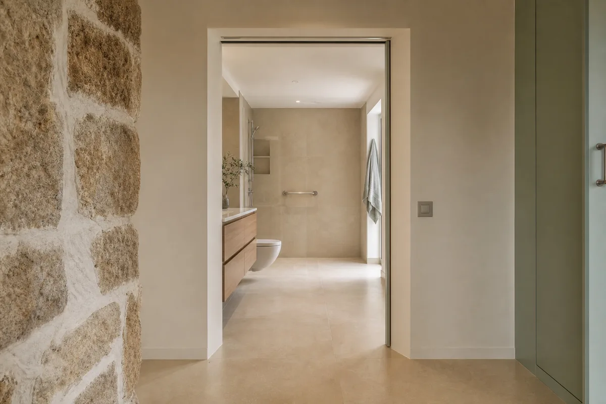 Passage de porte élargi et sol continu entre un couloir et une salle d’eau adaptée