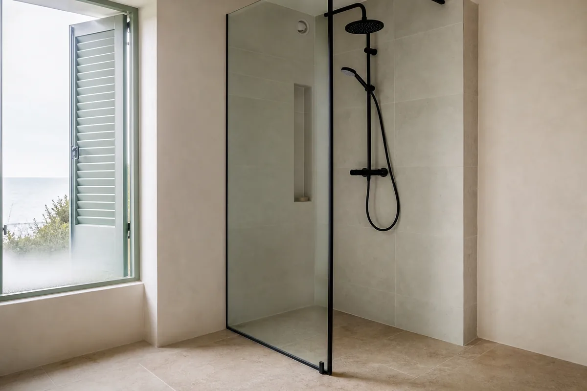 Salle de bain claire d&rsquo;une maison de la presqu&rsquo;île de Rhuys, carrelage grand format sable et paroi de douche en verre