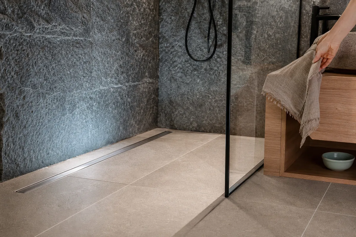 Douche de plain-pied en carrelage grand format, plan en chêne clair et robinetterie noire mate devant un mur de granite apparent